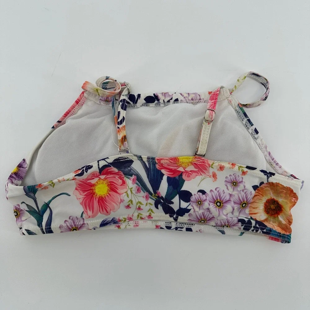 Floral High Neck Bikini Top Adjustable Straps White Purple Pink Small